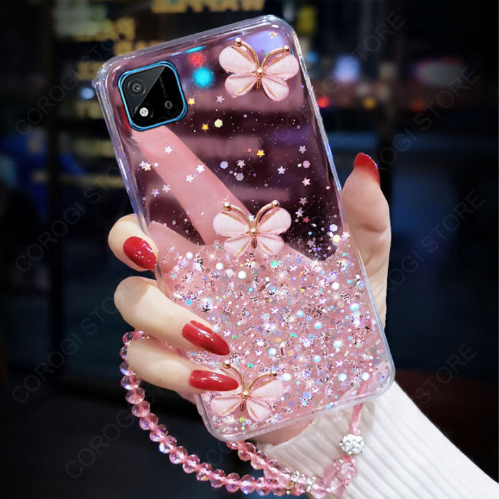 For Realme C11 2021 Cover + Crystal Wrist Strap Fashion 3D Rhinestone Butterfly Shiny Glitter Girls Phone Case Clear Soft Silicone Bumper Shockproof Protective Back Cover