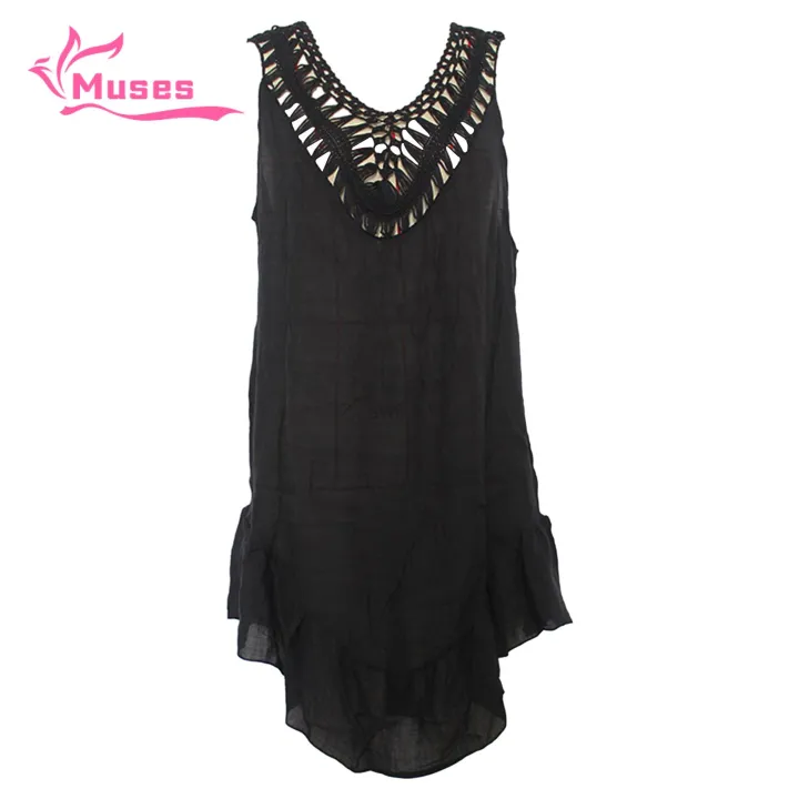 Muses Mall Women Backless Coverup Stylish Lace-up Crochet Beach Dress for Sun Protection Swimsuit Coverup Pendant Embellished Blouse