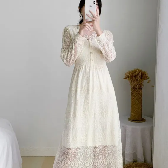 Yfashion French Style Lace Dress For Women Cotton Elegant Long