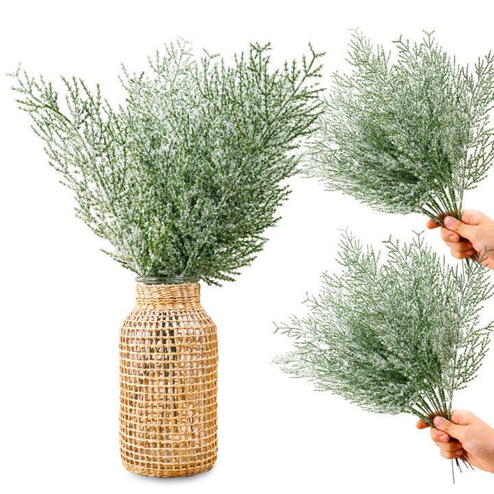 Artificial Pine Branches Cedar Sprig Pine Winter Leaves Christmas Snowy Greenery Branches for DIY Garland Home Garden Vase Decoration