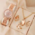 6PCS Set Luxury Watch Women Ring Necklace Earrings Rhinestone Fashion Wristwatch Female Casual Ladies Watches. 