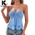 KOKKO Women's Sleeveless Crop Top Halter Neck Tie Back Ruched Bustier Double Layered Hem Tank Top Streetwear. 