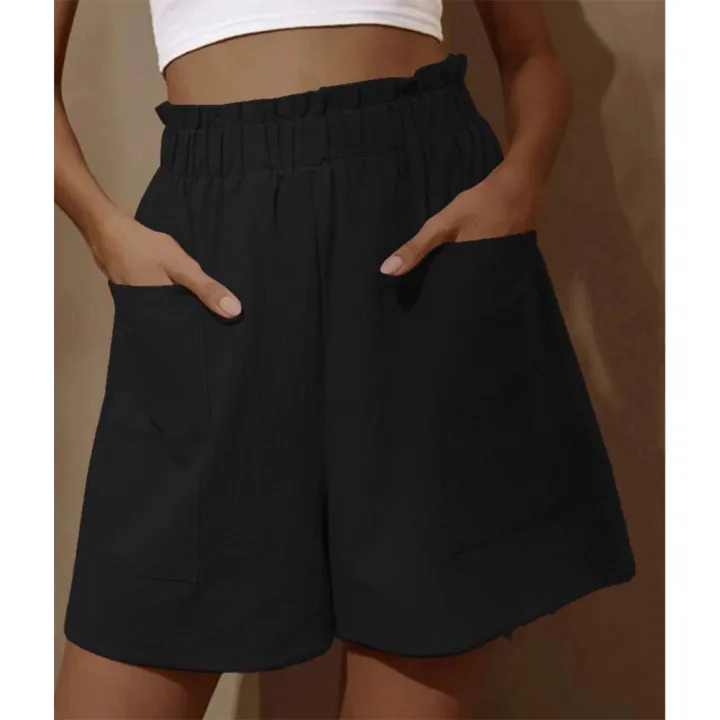 Yfashion%20Women%20Shorts%20Solid%20Color%20Cotton%20And%20Linen%20Wide-leg%20High-waist%20Casual%20Elastic%20Waistband%20Cropped%20Pants%20With%20Pockets%20color%20-%20Image%203
