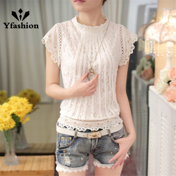 Yfashion%20Fashion%20Lace%20Shirt%20For%20Women%20Cotton%20Short%20Sleeves%20Round%20Neck%20Pullover%20Tops%20Sweet%20Solid%20Color%20Slim%20Fit%20Blouse%20-%20Image%209