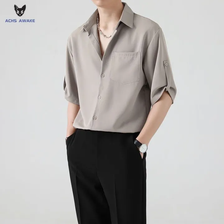 ACHS%20AWAKE%20Short-Sleeved%20Shirt%20Men's%20Spring%20and%20Summer%20Ruoshuai%20High-Grade%20Korean%20Style%20Trendy%20Casual%20Ice%20Silk%203/4%20Sleeve%20Shirt%20-%20Image%208