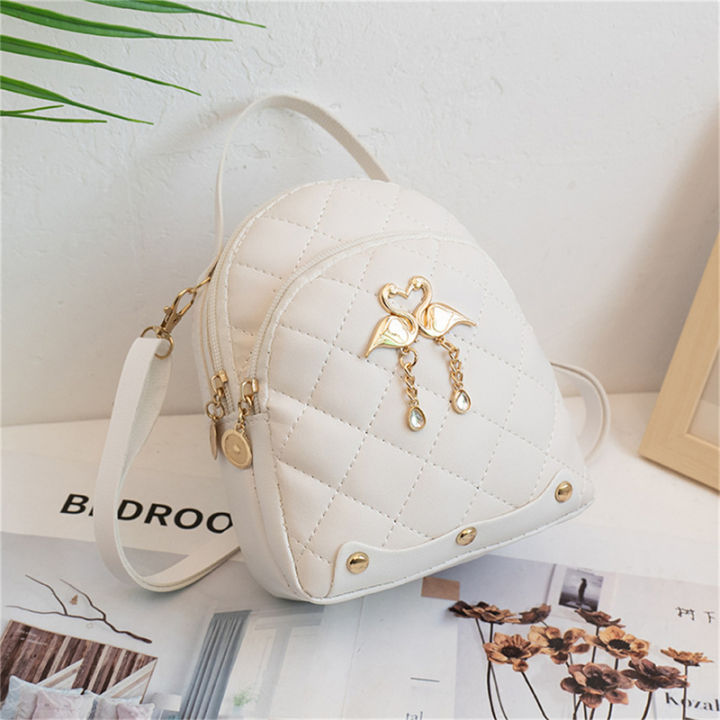 Rhombus Student Double-layer Backpack Women Fashion Swan Tassel Pendant Mini Backpack