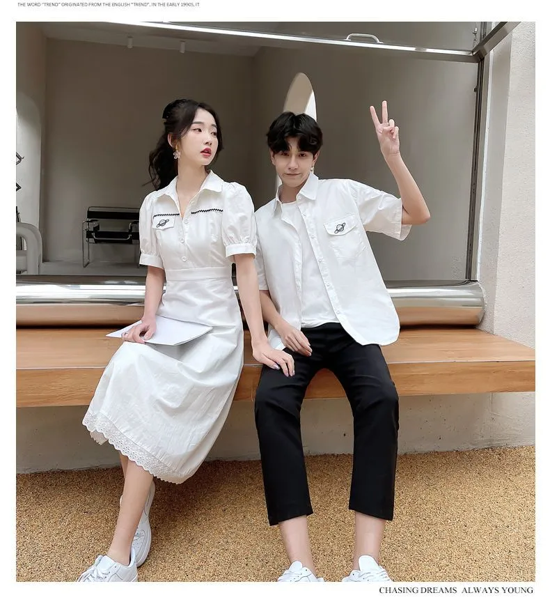 Couple's Summer Dress French White Dress Women's Puff Sleeve Super