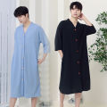 Lazy One-Piece Pajamas Men's Summer Thin Nightdress Mid-Length Button Cardigan Nightgown Men's Pine Pure Cotton Soft. 