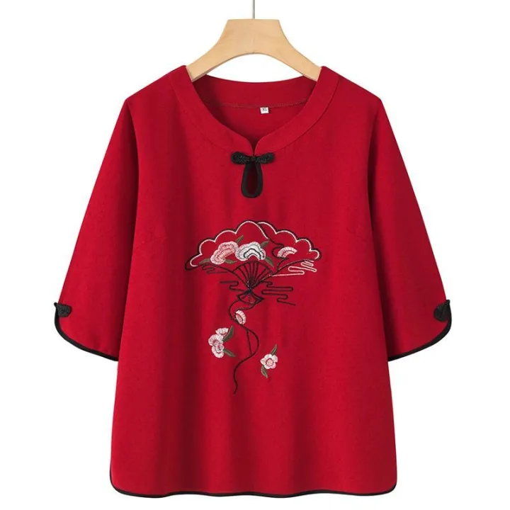 100%25%20Cotton%20Middle-Aged%20and%20Elderly%20Women's%20Dress%20Fashion%20National%20Style%20Embroidery%20Suit%20Female%20Summer%20Half%20Sleeve%20Top%20Two-Piece%20Pants%20-%20Image%209