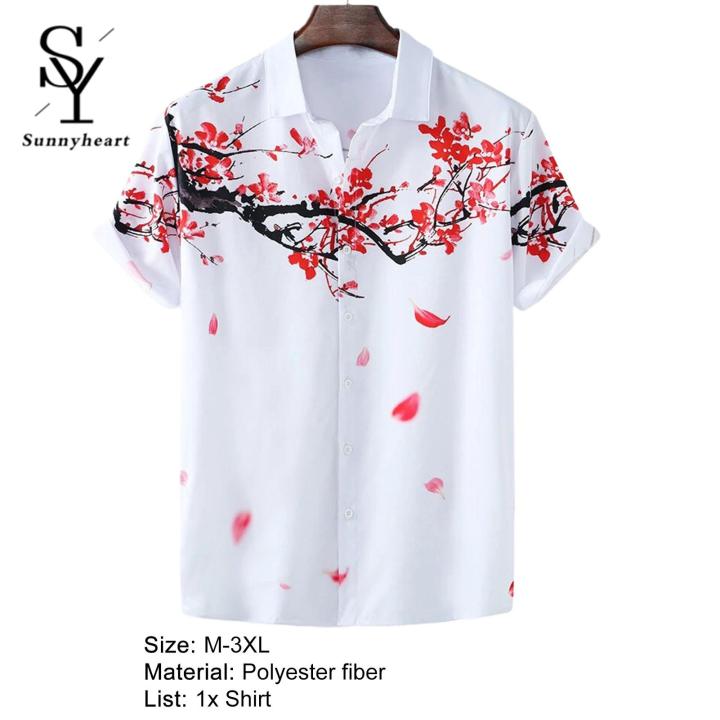 Sunnyheart%20Shirt%20for%20Men%20-%20Summer%20Wear%20Polyester%20Shirt,%20Ink%20&%20Wash%20Plum%20Blossom%20Flower%20Print%20Top%20in%20White%20Color%20-%20Image%206