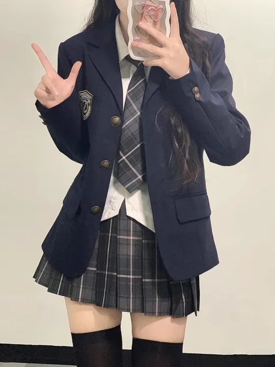 jk%20Uniform%20Suit%20Genuine%20Suit%20Jacket%20Women's%20College%20Style%20Cute%20Plaid%20Skirt%20Full%20Suit%20Spring%20and%20Autumn%20Three-Piece%20Women's%20Clothing%20-%20Image%202