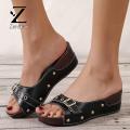 Zentora 1 Pair Women Slippers, Contrast Color Rivet Faux Leather Thick Heel, Wedges Shoe Little Holes Non-slip Women Sandals, Women Sandals Women Supply. 