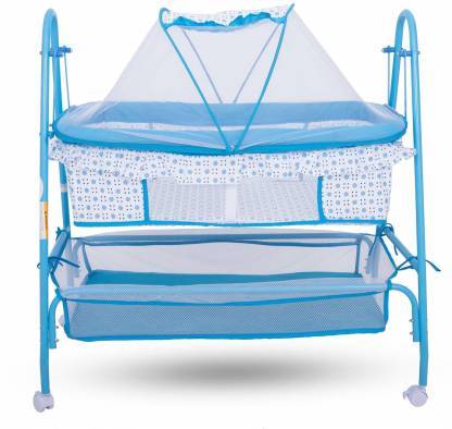 BayLand 208 Comfort Cradle Cot - New Born Baby Swing Cradle with Mosquito Net & Wheel (Blue)
