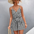 Yfashion Women Stripe Print V Neck Beach Shorts Romper Jumpsuit With Belt Sexy Fashion Suspender Jumpsuit For Beach Party. 