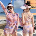 Yfashion 3pcs Women Cotton Bikini Set With Long Sleeves Sunscreen Cover-up Sweet Printing Sleeveless Tops Shorts Suit. 