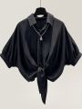 Black, Short Sleeve Shirt Women's Summer Waist-Controlled White Chiffon Shirt High-Grade Niche Batwing Sleeve Short Top. 