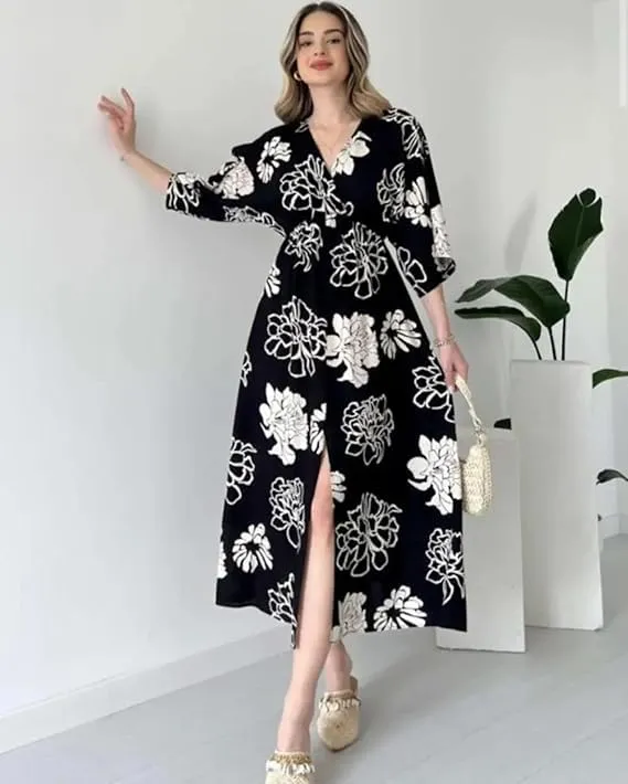 Neetu%20Collection%20Women's%203/4%20Sleeves%20Rayon%20Fabric%20V%20Neck%20Front%20Slit%20Flower%20Printed%20Midi%20Dress%20for%20Wedding%20Party%20&%20Festive%20-%20Pink%20-%20Image%209