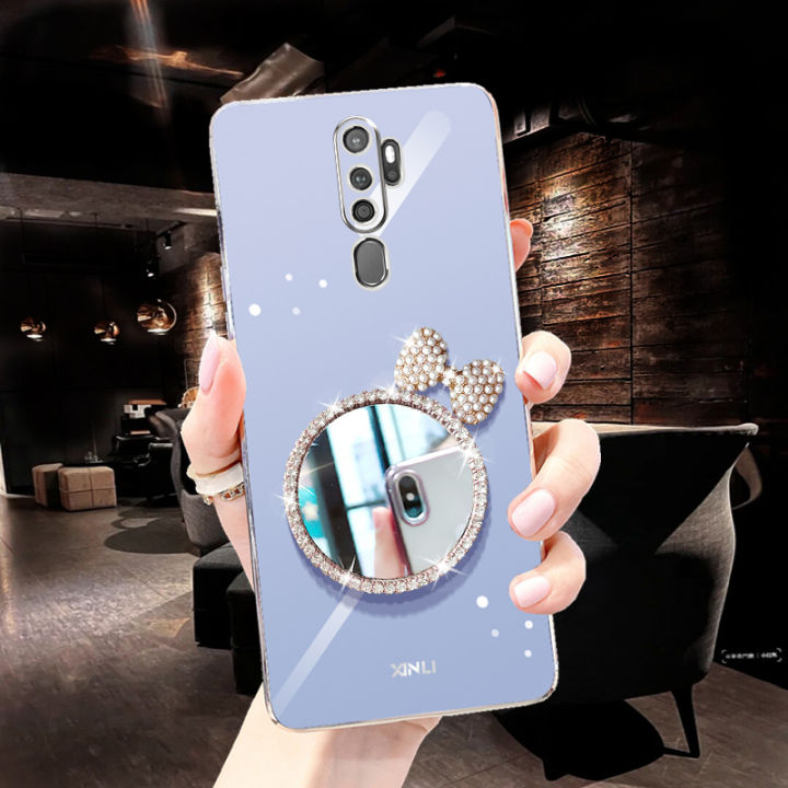 For OPPO A9 2020 / OPPO A5 2020 Back Cover + Bowknot Makeup Mirror Fashion Shiny Plating Square Bumper Bling Girls Phone Case Soft TPU Silicone Shockproof Back Cover