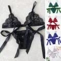 2 Pcs/Set Bra Panties Set Lace Uo Bow-knot See-through Lace V Neck Spaghetti Strap Three Point Pornographic Underwear Suit. 
