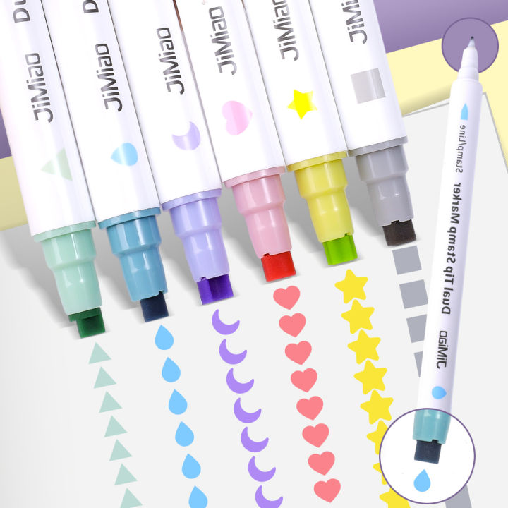 6 Colors Stamp Art Marker Double Headed Highlighter Pen Star/Heart/Moon/Drop/Square for Scrapbook Student Stationery