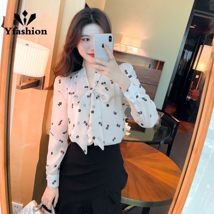 Yfashion Fashion French Style Long Sleeves Shirt For Women Cotton Elegant Printing Bowknot Sweet V Neck Pullover Blouse Daraz.lk