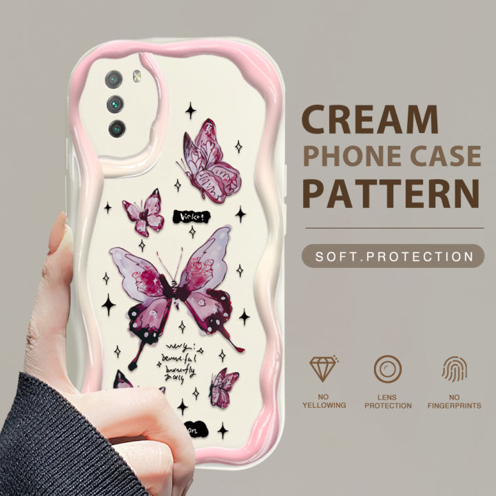 YYDS For Xiaomi Poco M3 Back Cover Cartoon Butterfly Case Cream Texture Wavy Edge Soft Silicone