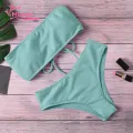Muses Mall Bathing Suit Solid Color Bandeau Swimming Trunks Split Bikini Set. 