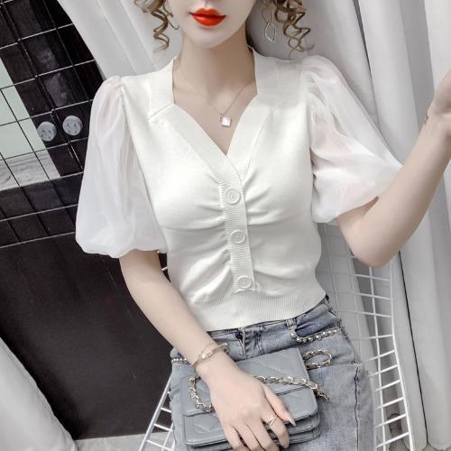 %E3%80%90Free%20Returns%E3%80%91%20Blouse%20Women%20Solid%20V-neck%20Chiffon%20Puff%20Sleeve%20Ladies%20Knitted%20Shirts%20Summer%20New%20Thin%20Korean%20Style%20Plus%20Size%20Female%20Tops%20-%20Image%204