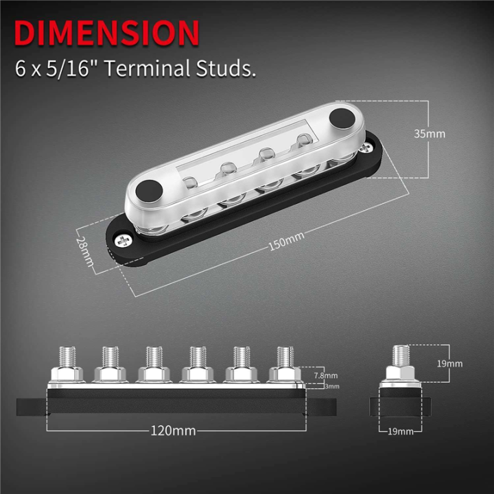 12V%20Bus%20Bar%206x5/16Inch%20(M8)%20Terminal%20Studs%2012%20Volt%20Power%20Distribution%20Block%20Replacement%20Accessories%20with%20Cover%20Battery%20Bus%20Bar%2012V-48V%20for%20Auto%20-%20Image%207