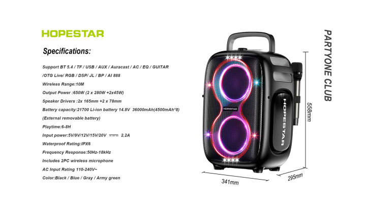 HOPESTAR%20PARTYONE%20CLUB%20650W%20High%20Power%20PartyboX%20Bluetooth%20Speaker%20with%20Dual%20Microphones%20-%20Image%202