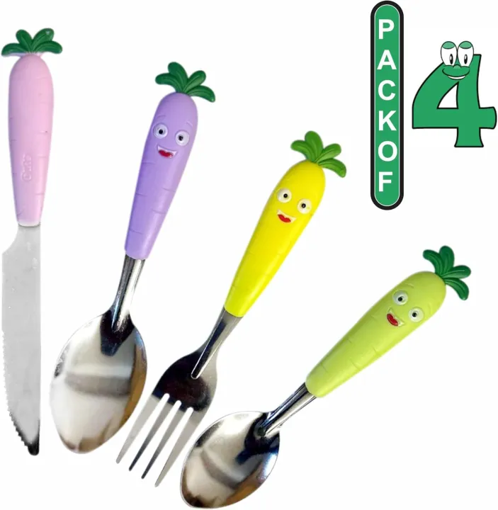 4pcs Children Utensil Baby Tableware Set Infant Food Feeding Spoon Fork Carrot Cartoon Shape