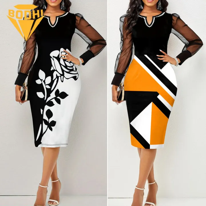 V-neck Mesh Panel Dress Floral Print V Neck Lace Patchwork Bodycon Dress Elegant Slimming