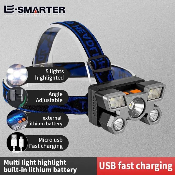 USB Rechargeable Headlamp Portable 5LED Headlight Built-in Battery Torch Portable Working Light Fishing Camping Head Light