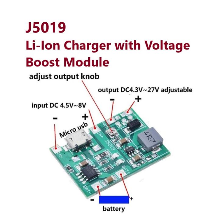 J5019 Li-Ion 18650 Charger with Voltage Step Up Boost Module