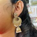 ESH Dull gold and silver color long tassel earring round type jimikky drop earrings with white pearl and silver beaded for women and girl chain for women. 