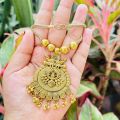 Oxidize Gold color 22-inch short chain with Peacock theme antick look big pendent without stone and gold beaded necklace for women and girl. 