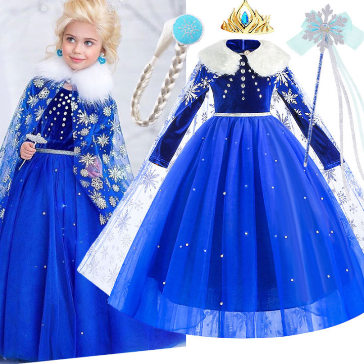 Little Girl Sapphire Elsa Winter Dress with Cape Velvet Bodice Frozen  Cosplay Halloween Clothing Child Christmas Princess Frock