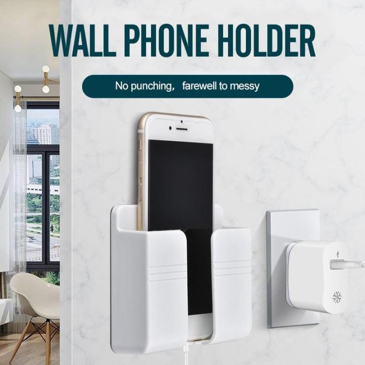 Wall Mount Phone Holder Self-Adhesive Wall Beside Organizer Storage Box Plastic Charging Phone Stand | Phone Holder for Bedroom Living Room