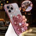 For Infinix Hot 40 / Hot 40i / Hot 40 Pro Back Cover with Cute Rabbit Makeup Mirror Stand Luxury Gradient Shiny Plating Glitter Women Phone Case Clear Soft Silicone Protective Cases Pouch Girls. 