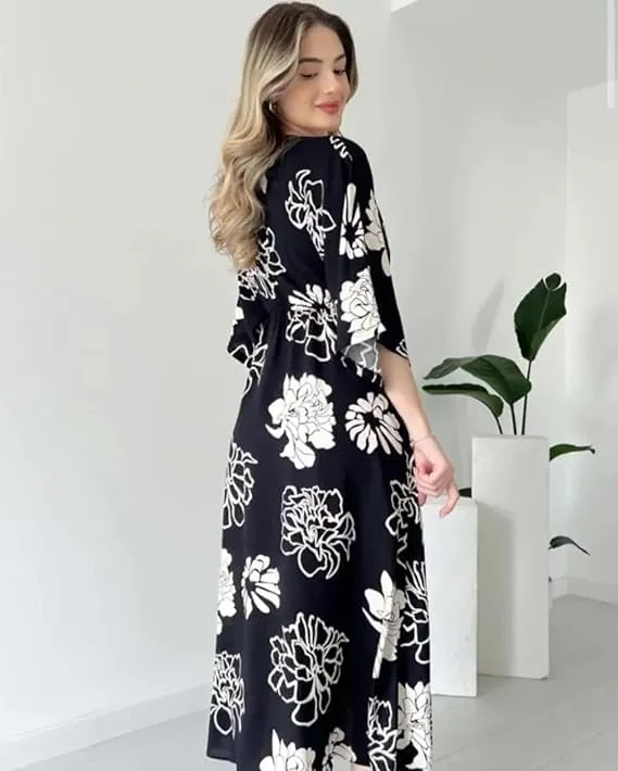 Neetu%20Collection%20Women's%203/4%20Sleeves%20Rayon%20Fabric%20V%20Neck%20Front%20Slit%20Flower%20Printed%20Midi%20Dress%20for%20Wedding%20Party%20&%20Festive%20-%20Pink%20-%20Image%208