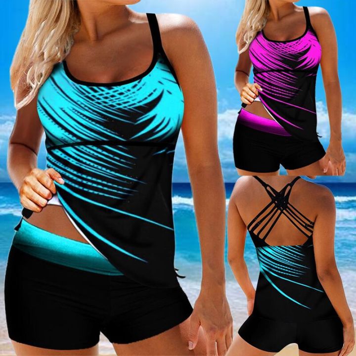 Backless Tankini Set Summer Beach Printed Two Piece Swimwear Swimming Suit Bathing Monokini Plus Size