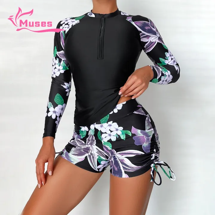 Muses Mall Long-sleeved Swimsuit Floral Print Women's Swimsuit Set with Round Neck Zipper Closure Quick Dry Conservative Beachwear for Surfing 2 Pcs/set Women Split Swimsuit