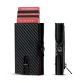 CASEKEY Men Wallets Real Cow Leahter Pop Up Business Credit Card Holder RFID Blocking Slim Smart Carbon Fiber Wallet with Pocket. 