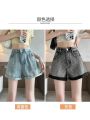 Summer New Curling Denim Shorts for Women 2024 Fashionable All-Match Rhinestone Loose a Word High Waist Wide Leg Hot Pants. 