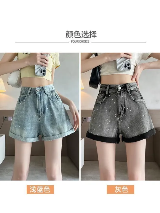 Summer%20New%20Curling%20Denim%20Shorts%20for%20Women%202024%20Fashionable%20All-Match%20Rhinestone%20Loose%20a%20Word%20High%20Waist%20Wide%20Leg%20Hot%20Pants%20-%20Image%204