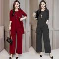 【HOT】 3Pcs/Set Fashion Lady Outfit O-Neck Dressing Up Comfortable Tank Tops Wide Leg Pants Mid-Length Coat Set. 