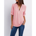 Yfashion Women Chiffon Shirt Solid Color Long Sleeve V-neck Front Zipper Pullover Top Plus Size Loose T-shirt color. 