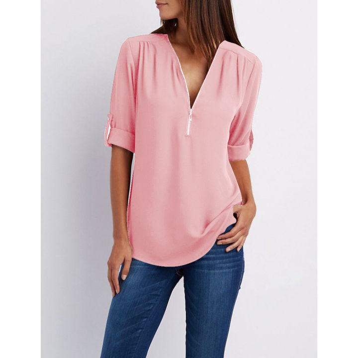 Yfashion%20Women%20Chiffon%20Shirt%20Solid%20Color%20Long%20Sleeve%20V-neck%20Front%20Zipper%20Pullover%20Top%20Plus%20Size%20Loose%20T-shirt%20color%20-%20Image%204