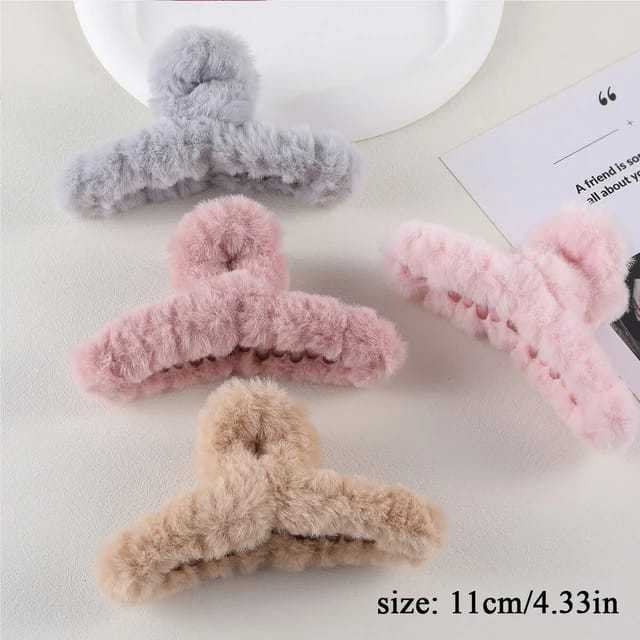 Large Women Fluffy Hair Claw Solid Color Faux Rabbit Fur Shark Clip Soft Warm Barrette Elegant Winter Hair Accessories