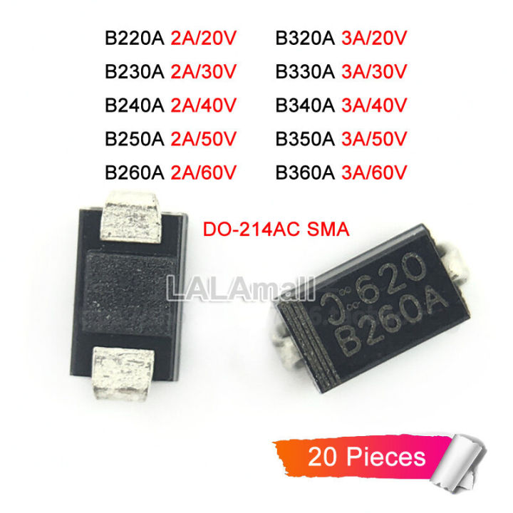 20pcs/lot B220A B230A B240A B250A B260A B320A B330A B340A B350A B360A DO-214AC SMA SMD 2A 3A 20V 30V 40V 50V 60V Schottky Barrier Rectifier Diode New Original